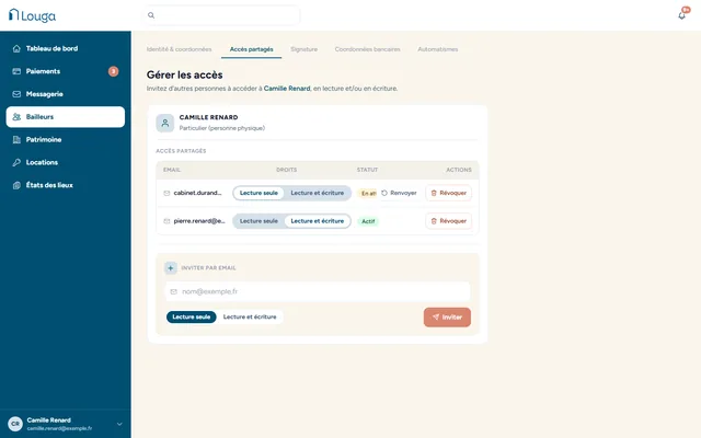 Capture : gestion des accès d’un bailleur, invitation par e-mail en lecture seule ou en lecture et écriture.