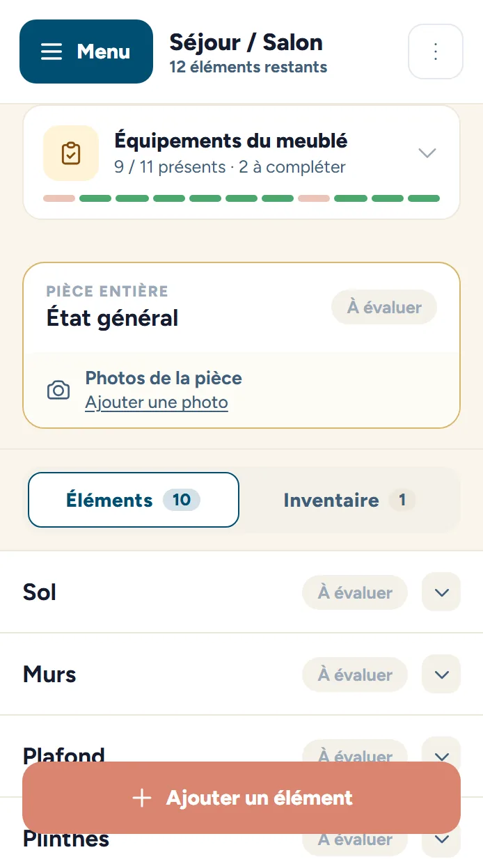 Capture : état des lieux sur téléphone, pièce Séjour avec son état général, l’ajout de photos et la liste des éléments à évaluer.
