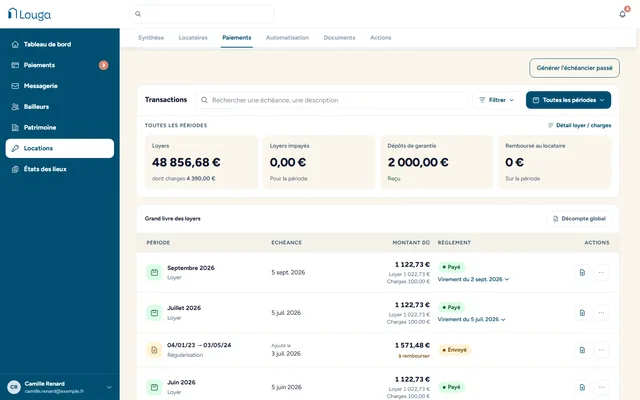 Capture : paiements d’un bien, avec le total encaissé, les loyers impayés et le grand livre des échéances réglées.
