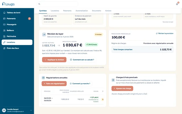 Capture : révision du loyer à la date anniversaire, nouveau loyer calculé avec l’indice IRL, et régularisations annuelles des charges.